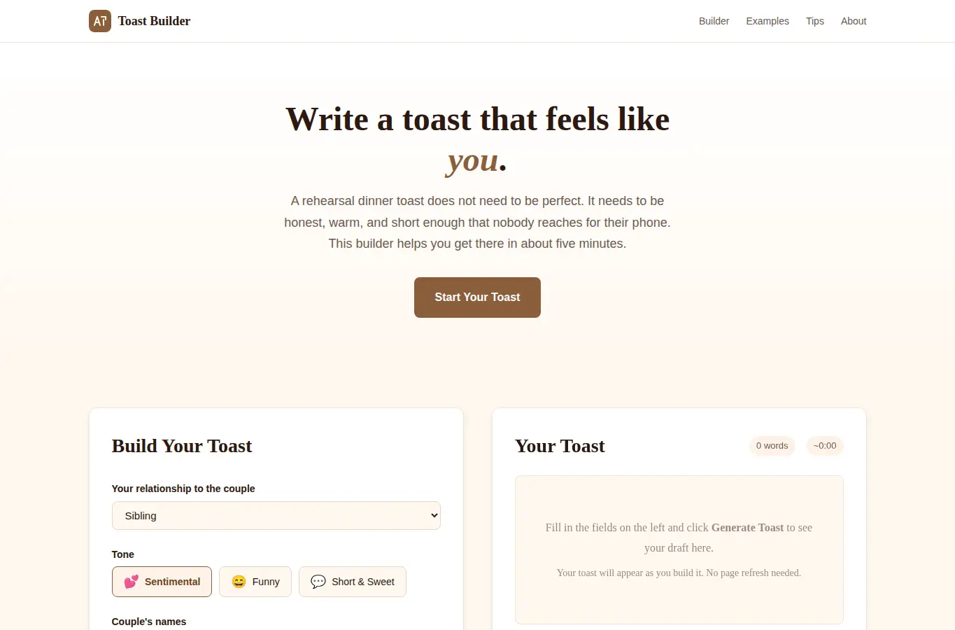 Screenshot of Rehearsal Dinner Toast Builder interface showing the project page in use